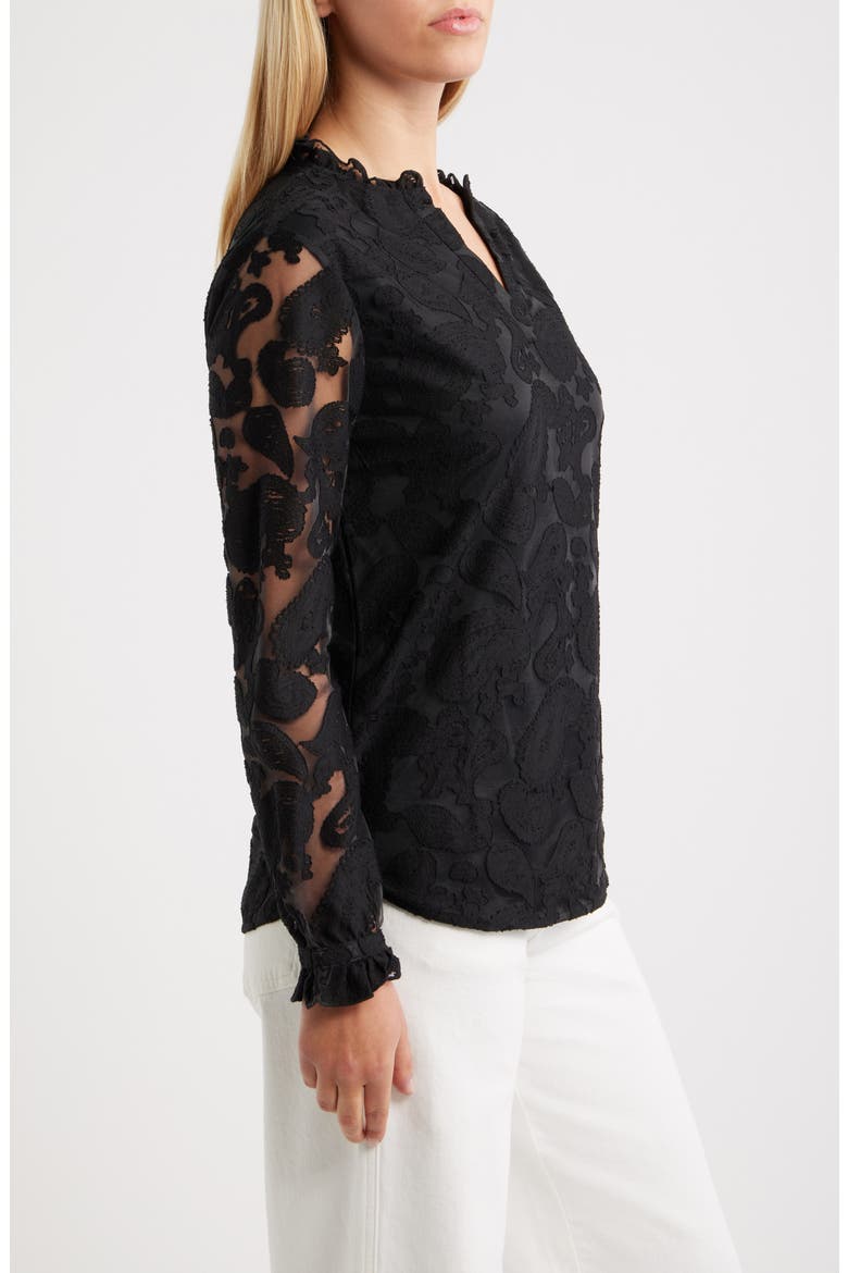 Kang Lace Appliqué Split Neck Top, Alternate, color, BLACK