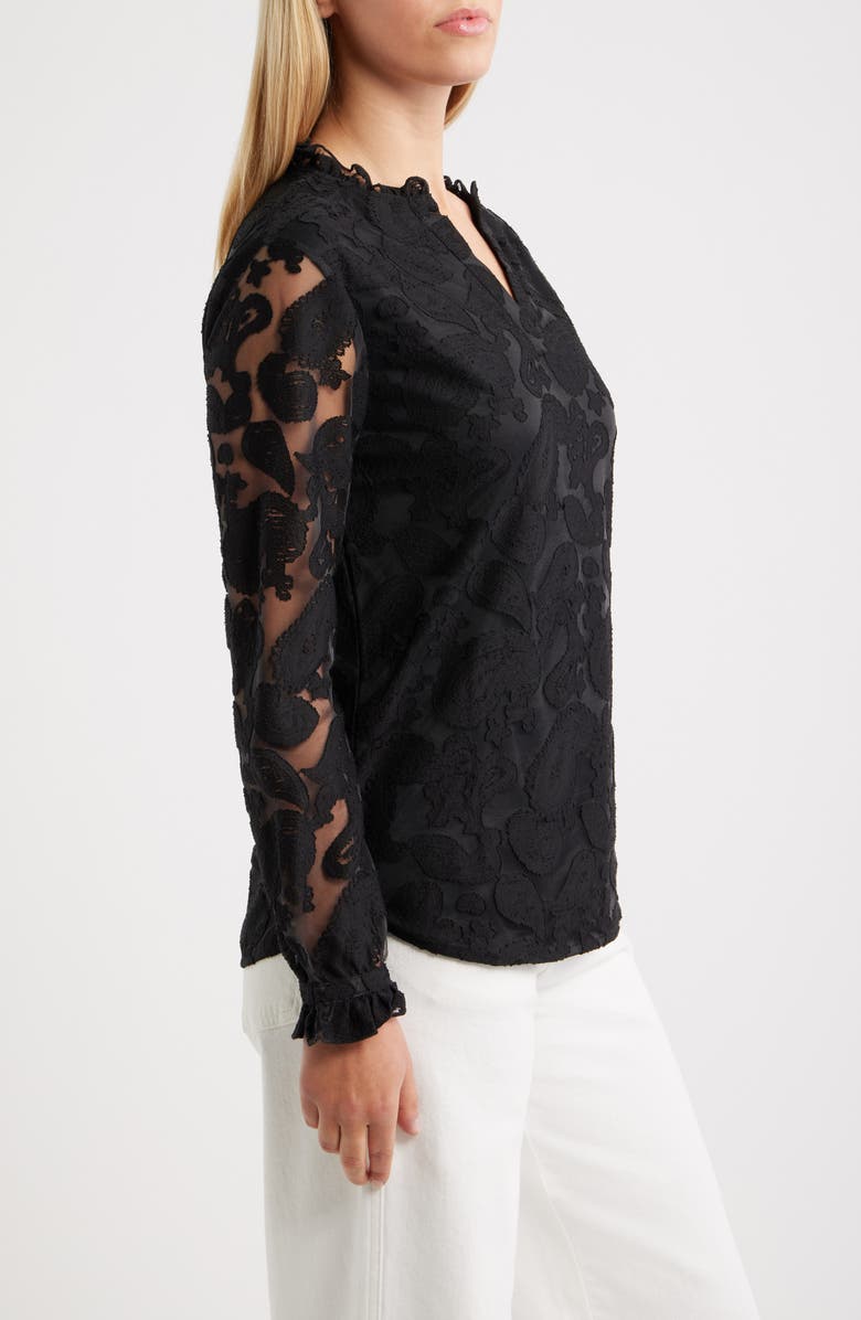 NIKKI LUND Kang Lace Appliqué Split Neck Top, Alternate, color, Black