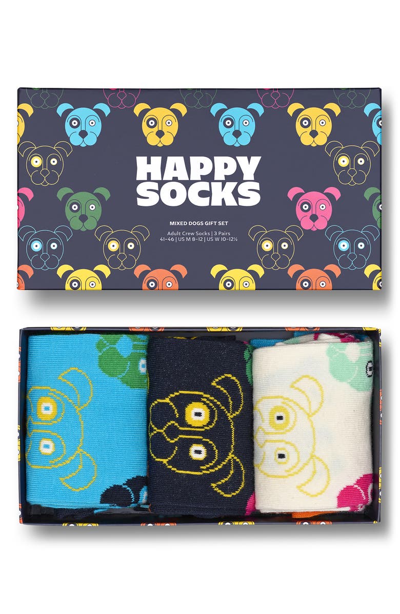 Happy Socks Mixed Dog 3-Pack Cotton Blend Crew Socks Gift Set, Alternate, color, Navy