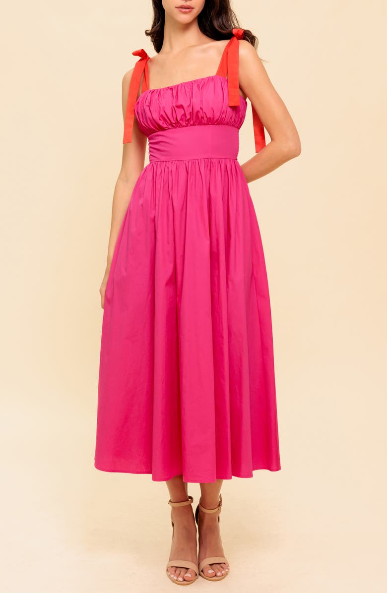 FLYING TOMATO Bow Strap Gathered Midi Dress, Alternate, color, Fuchsia