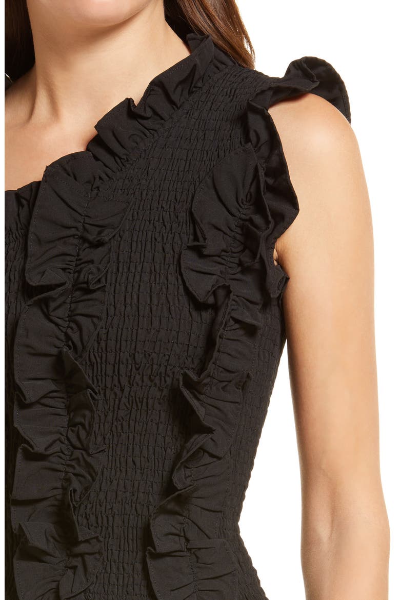 Shirred Asymmetrical Tie Shoulder Top, Alternate, color, BLACK
