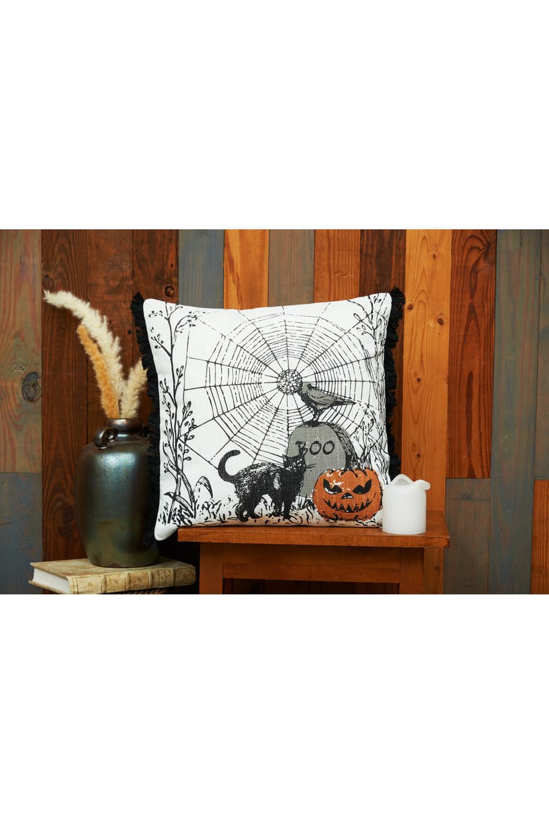 Jol Boo Spider Web Halloween Printed Throw Pillow, 18" x 18", Alternate, color, Beige