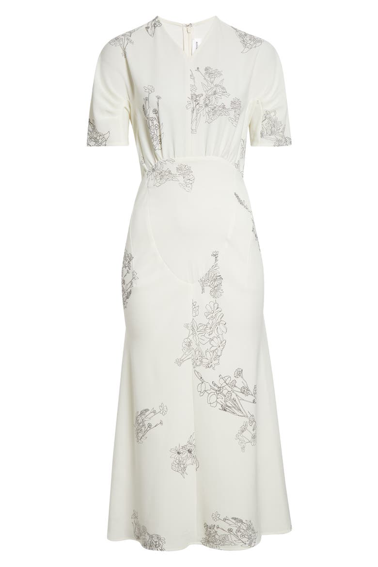 Gathered Detail Floral Stretch Cady Midi Dress, Alternate, color, OFF WHITE BLACK