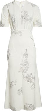 Victoria Beckham Gathered Detail Floral Stretch Cady Midi Dress