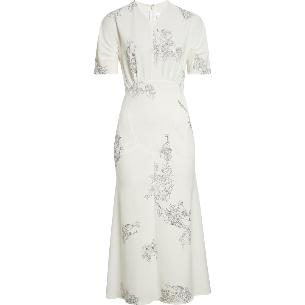 Victoria Beckham Gathered Detail Floral Stretch Cady Midi Dress In White