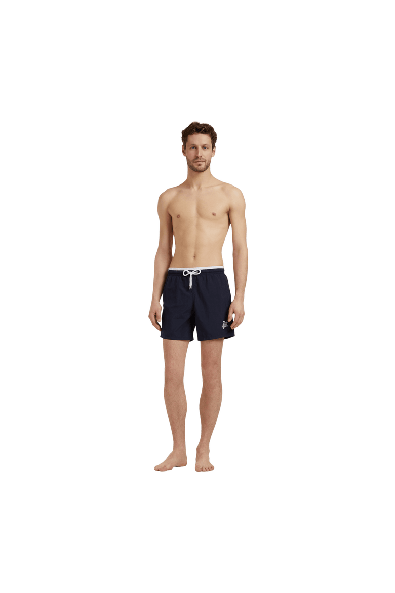 Men's Solid Bicolor Length Swim Trunks, Alternate, color, MARINE / BLANC