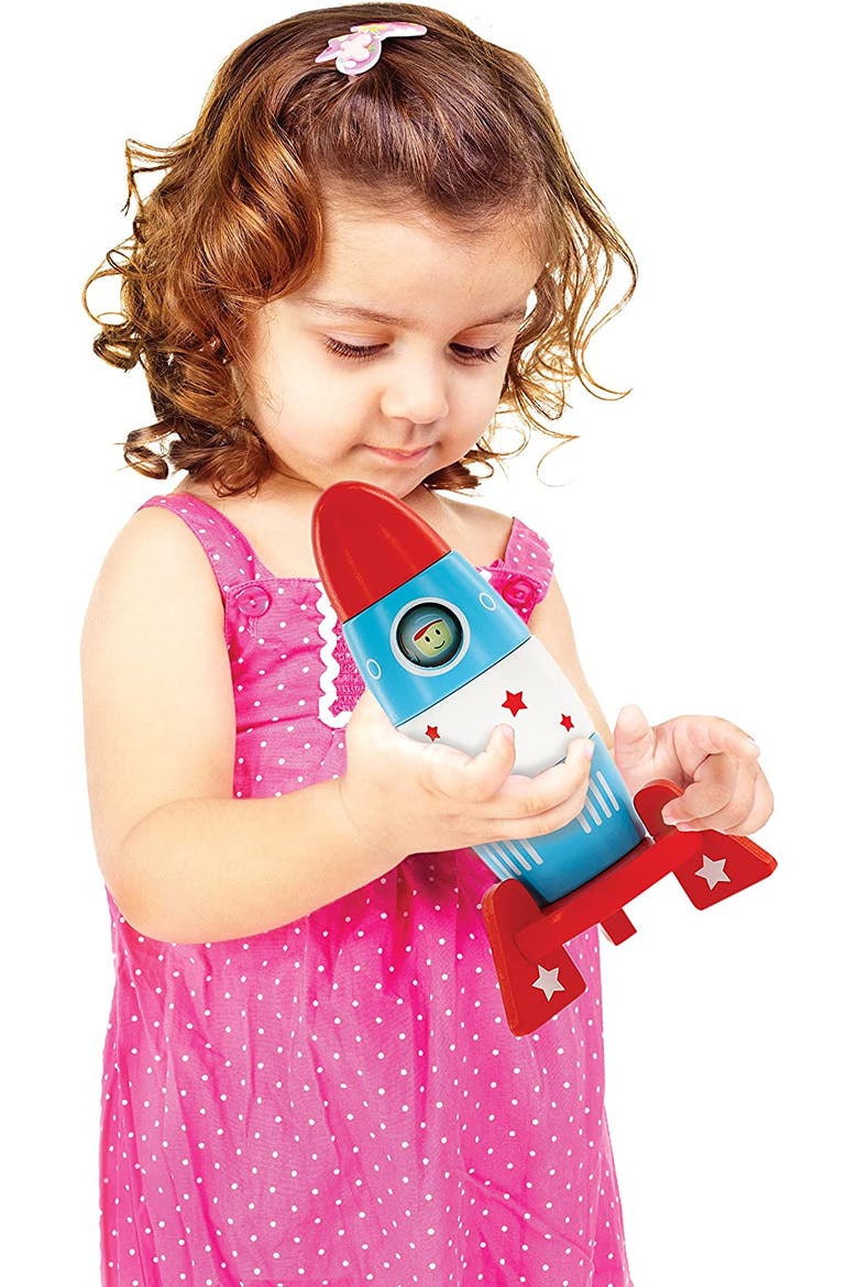 Wooden Stacker Toy Space Rocket- 6 Magnetic Stacking Pieces- Magnet Building Set, Alternate, color, None