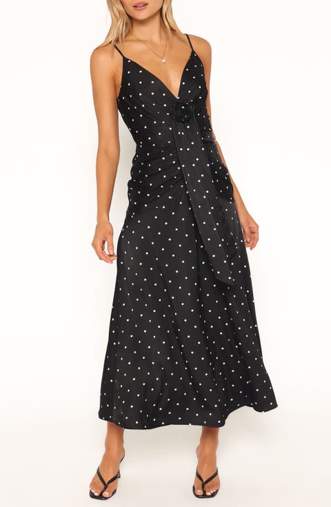 Eluna Ruched Plunge Neck Polka Dot Midi Dress