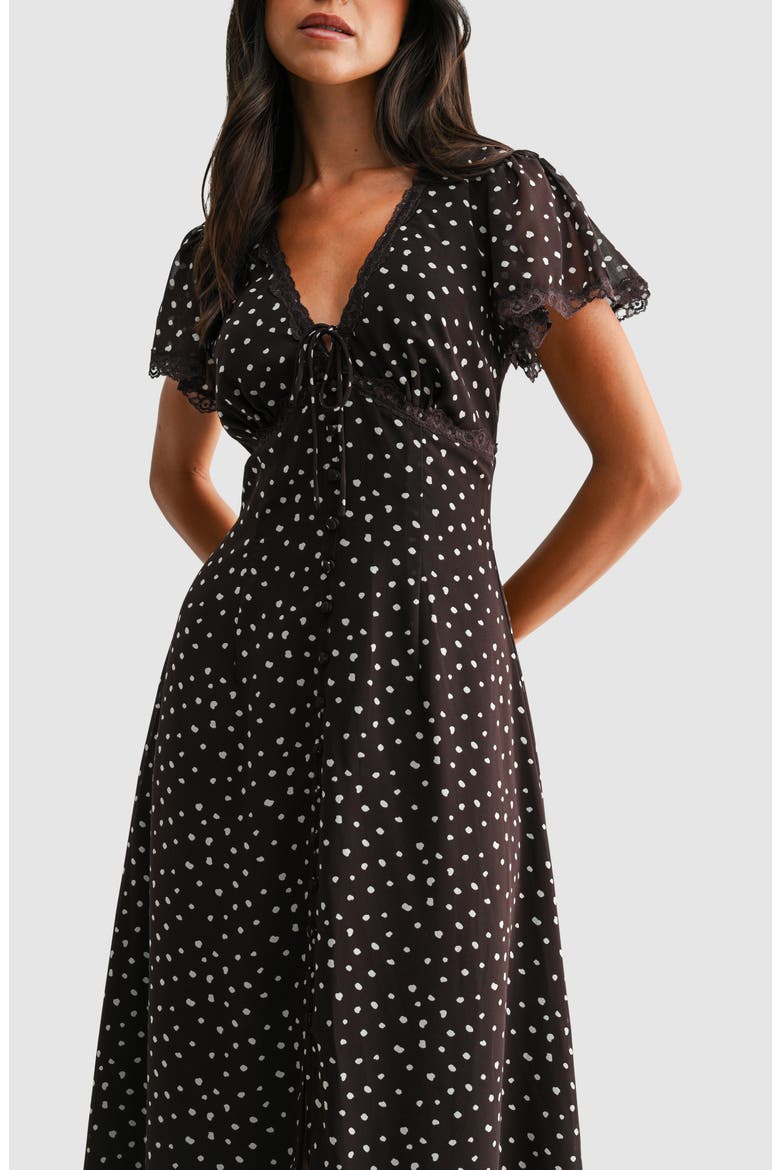 Flutter Sleeve Fit & Flare Midi Dress, Alternate, color, BROWN CREAM