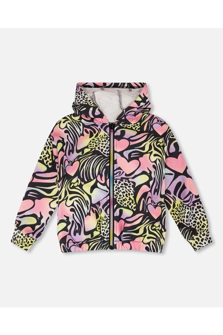 Zip Front French Terry Long Sleeve Hoodie, Main, color, Black with Multicolored Print