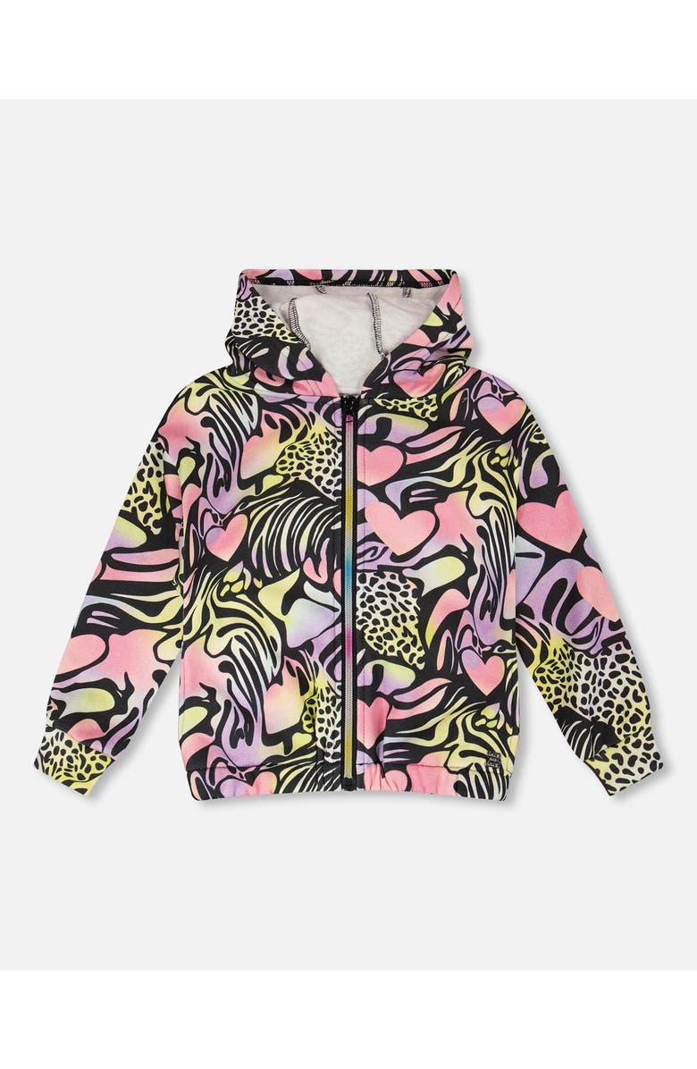 Deux par Deux Zip Front French Terry Long Sleeve Hoodie, Main, color, Black With Multicolored Print