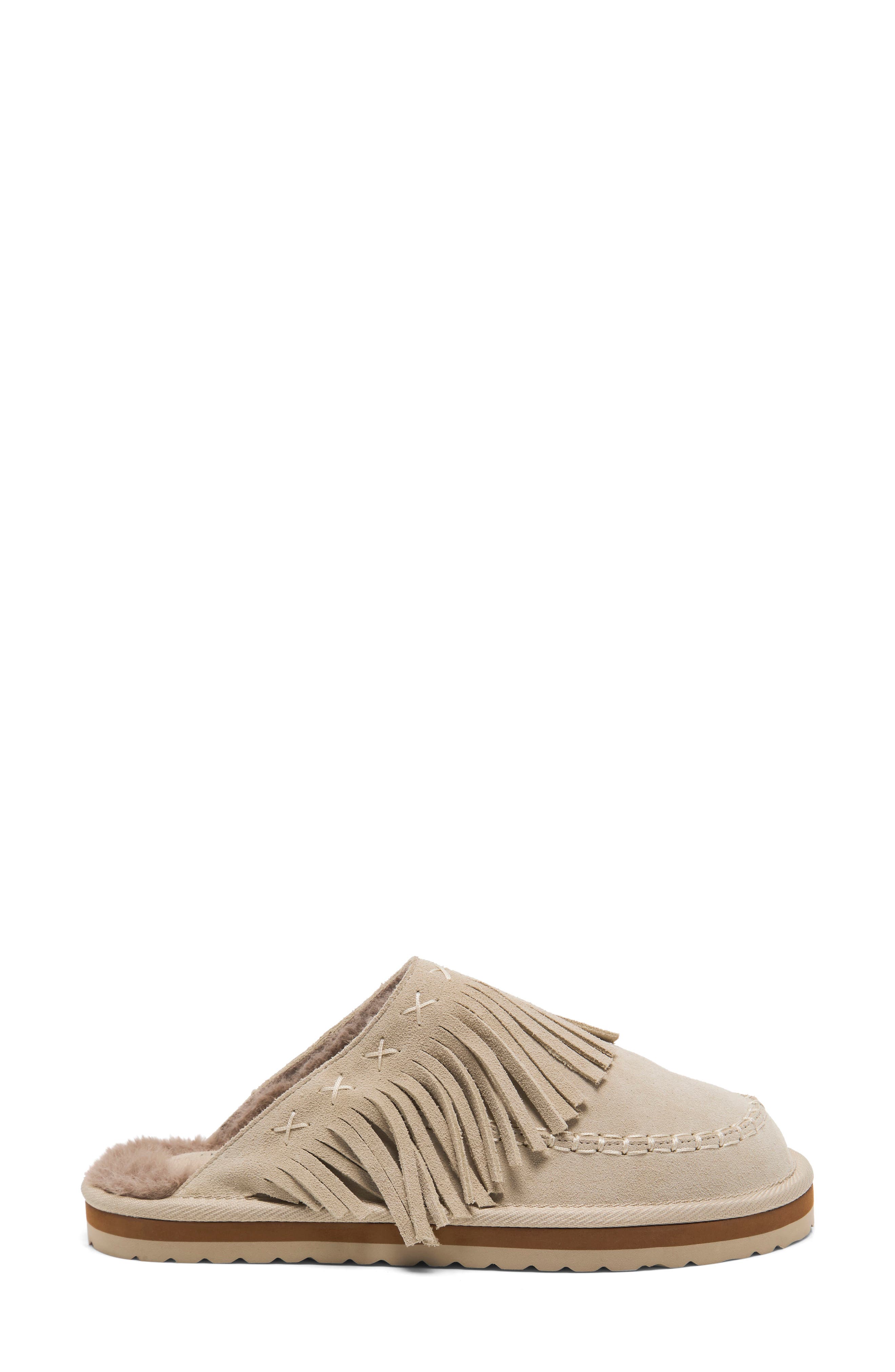 Fallon Fringe Faux Fur Mule Slipper, Alternate, color, SAND SUEDE