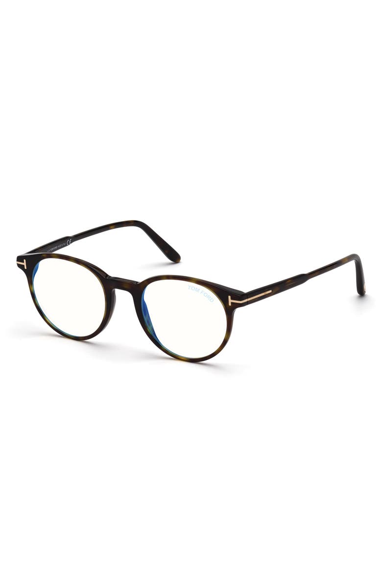 TOM FORD 49mm Round Blue Light Blocking Glasses, Alternate, color, Havana / Blue Block