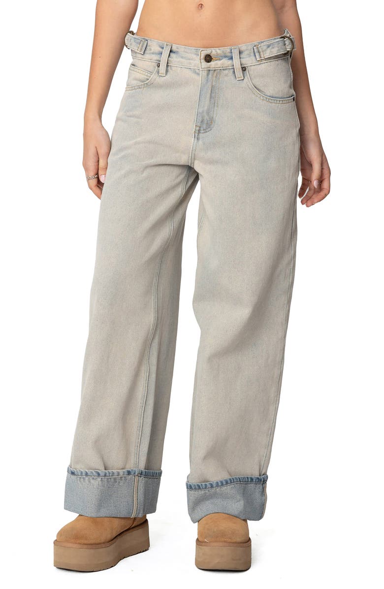 EDIKTED Buckle Tab Low Rise Wide Leg Jeans, Main, color, Blue-Washed