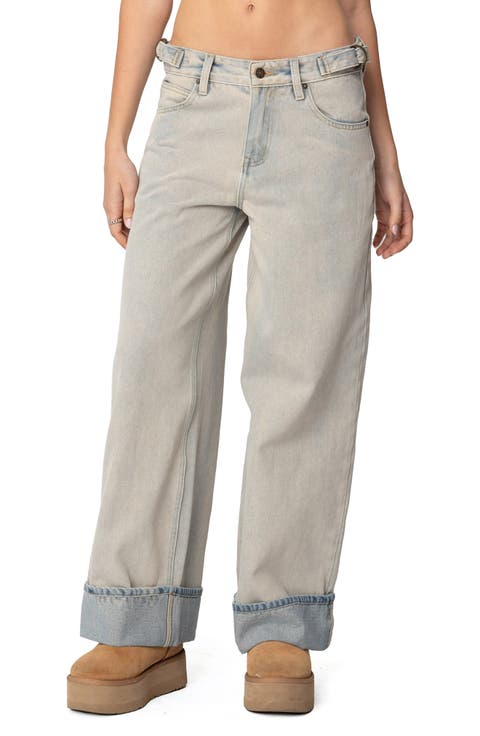 Buckle Tab Low Rise Wide Leg Jeans