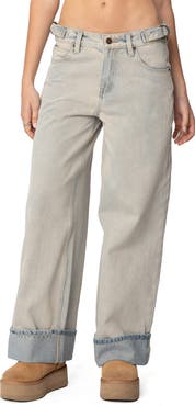 EDIKTED Buckle Tab Low Rise Wide Leg Jeans