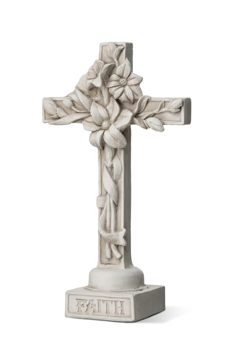 Glitzhome 13.75"H MGO Holy Christian Cross with Lily Garden Statue, Alternate, color, White