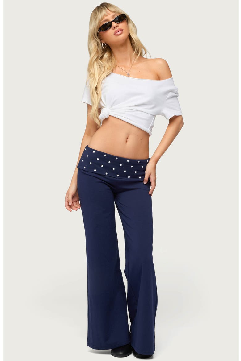 Reeva Polka Dot Foldover Wide Leg Pants, Alternate, color, NAVY