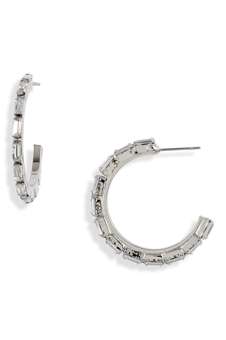 Crystal Baguette Hoop Earrings, Main, color, CRYSTAL/ SILVER