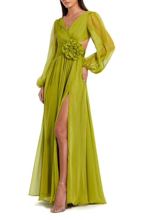 Long Sleeve V Neck Chiffon Gown With 3D Flower