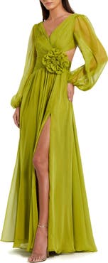 Mac Duggal Long Sleeve V Neck Chiffon Gown With 3D Flower