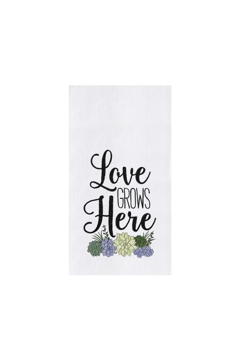 18" x 27" Love Grows Here Succulent Embroidered Flour Sack Kitchen Towel, Main, color, White