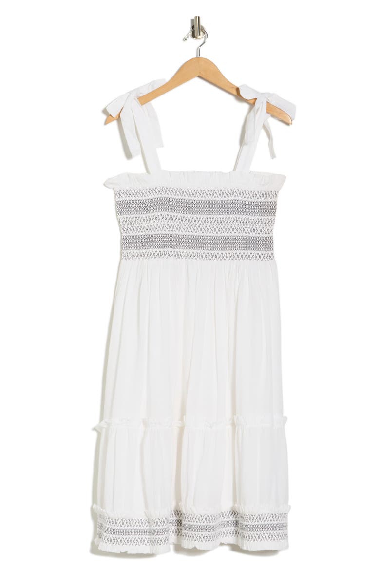 Smocked Embroidered Cotton Dress, Alternate, color, SKY WHITE/ NOIR