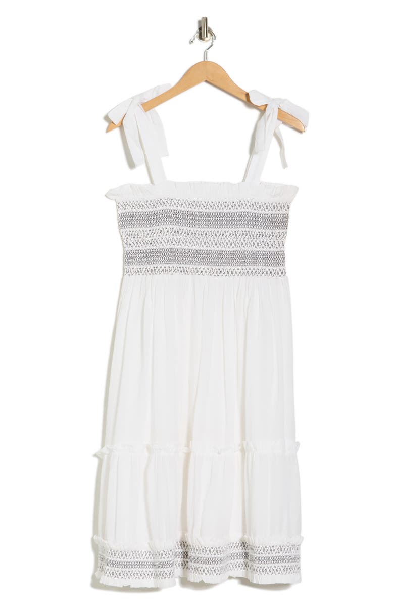 Elie Tahari Smocked Embroidered Cotton Dress, Alternate, color, Sky White/ Noir