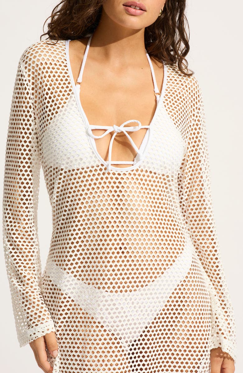 Seafolly Mesh Effect Long Sleeve Cover-Up Dress, Alternate, color, White