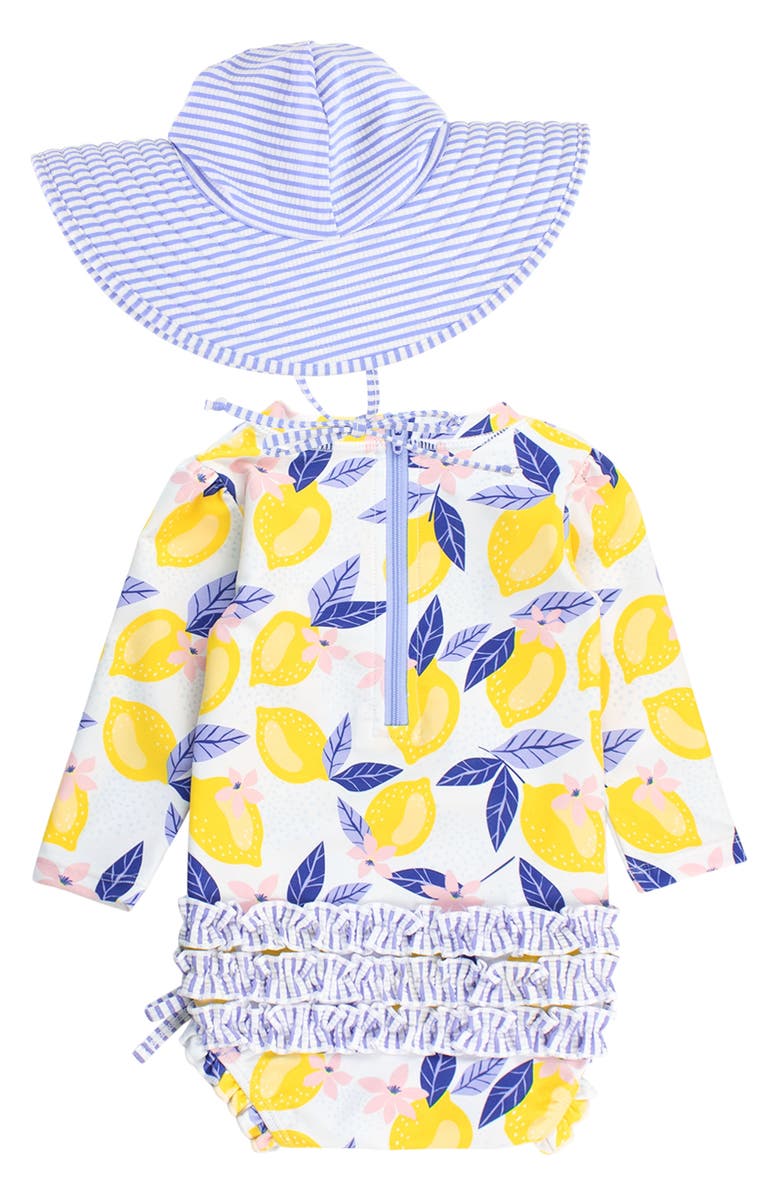RuffleButts Lemons One-Piece Rashguard Swimsuit & Hat Set, Alternate, color, Blue