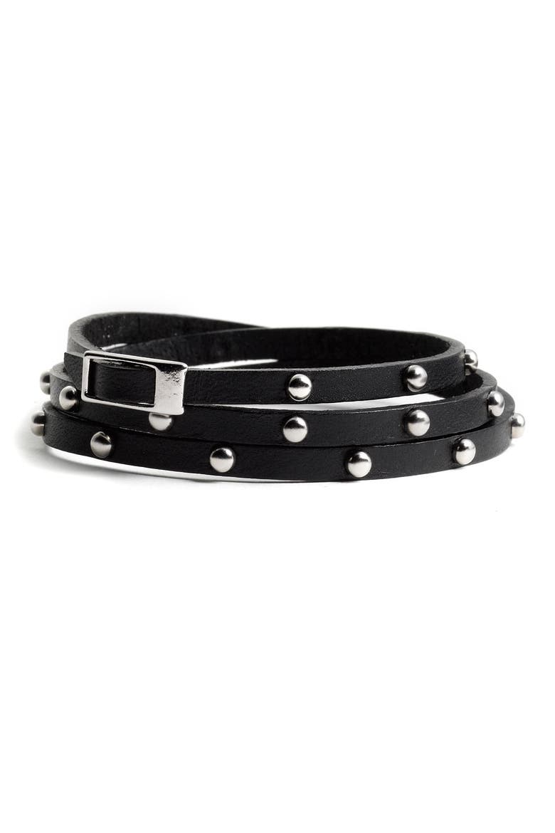 Accessories Leather & Metal Stud Wrap Bracelet, Main, color, BLACK/ SILVER