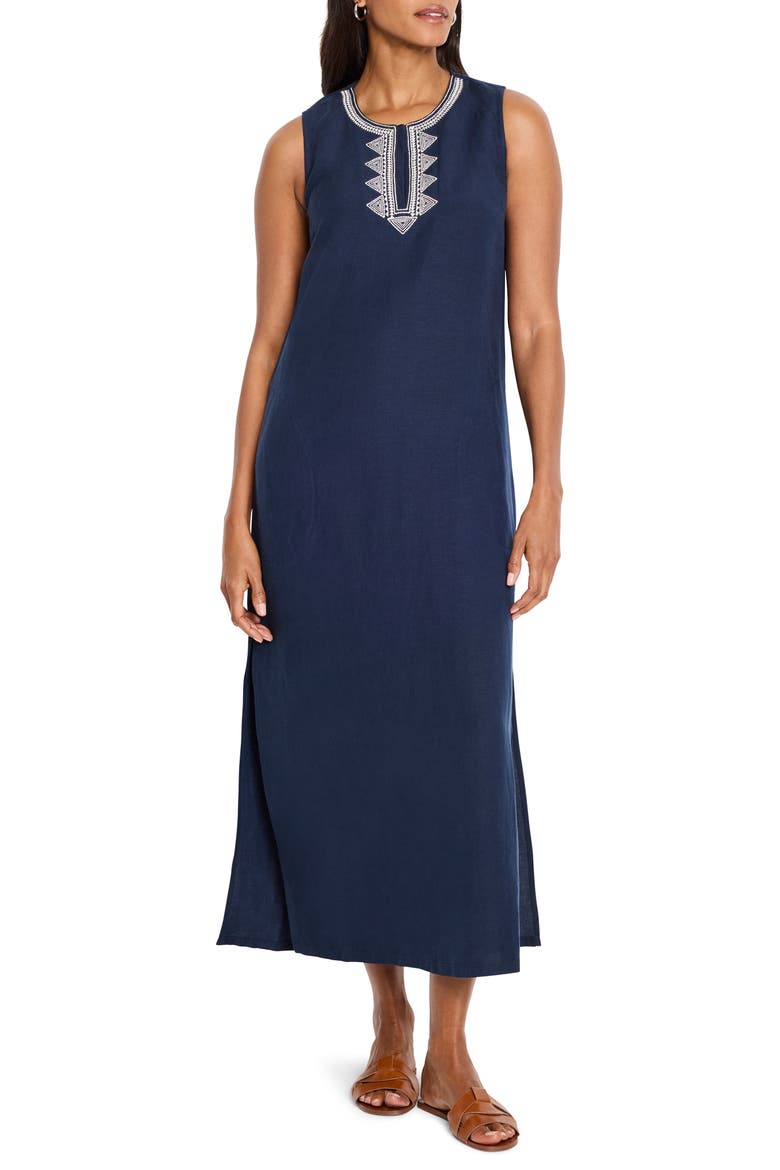 Sunset Soirée Embroidered Linen Blend Sundress, Main, color, DARK INDIGO