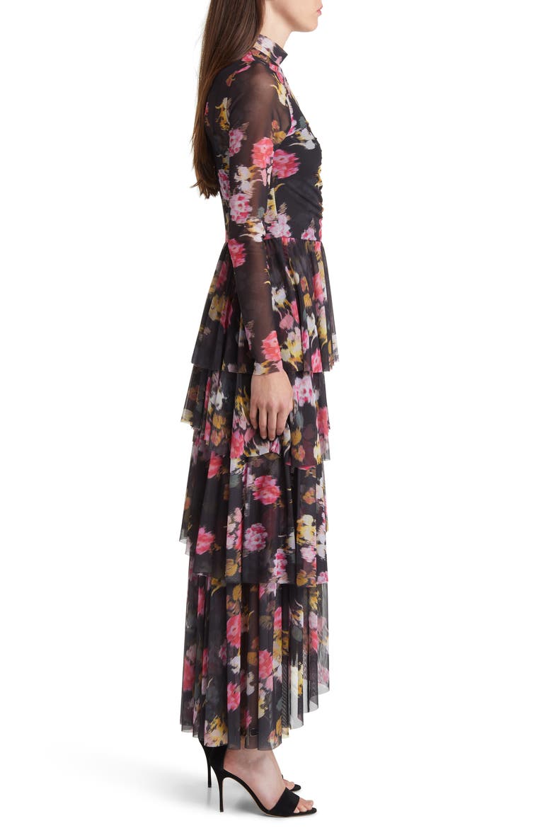 Tiloula Floral Ruched Long Sleeve Tiered Midi Dress, Alternate, color, BLACK