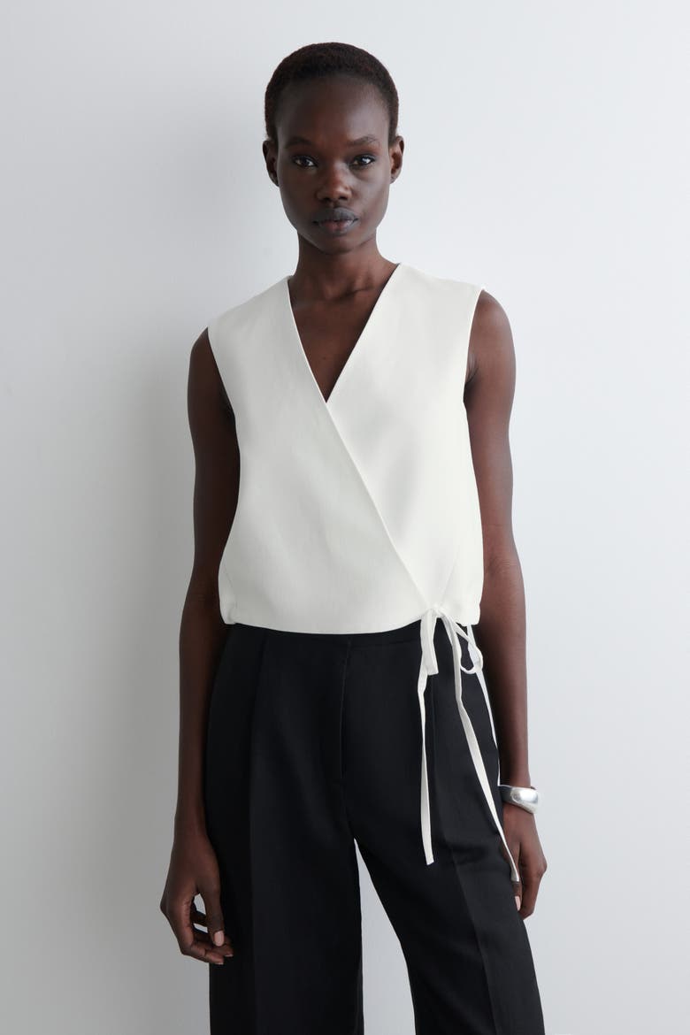 Tie-Detail Linen-Blend Wrap Vest, Alternate, color, WHITE