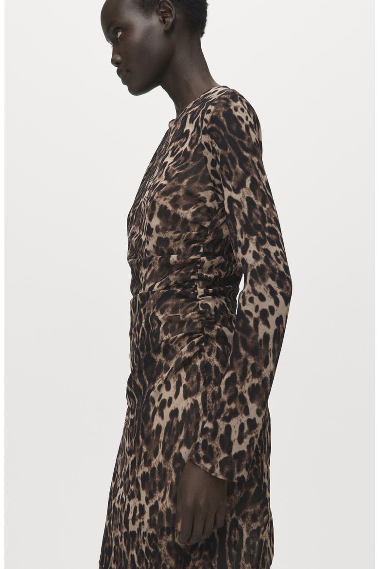 Leopard Print Draped Long Sleeve Minidress, Alternate, color, BROWN