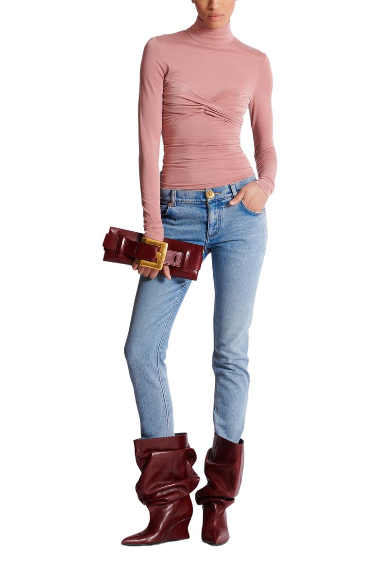 Balmain Pleated Long-Sleeved Jersey Top, Alternate, color, Pink