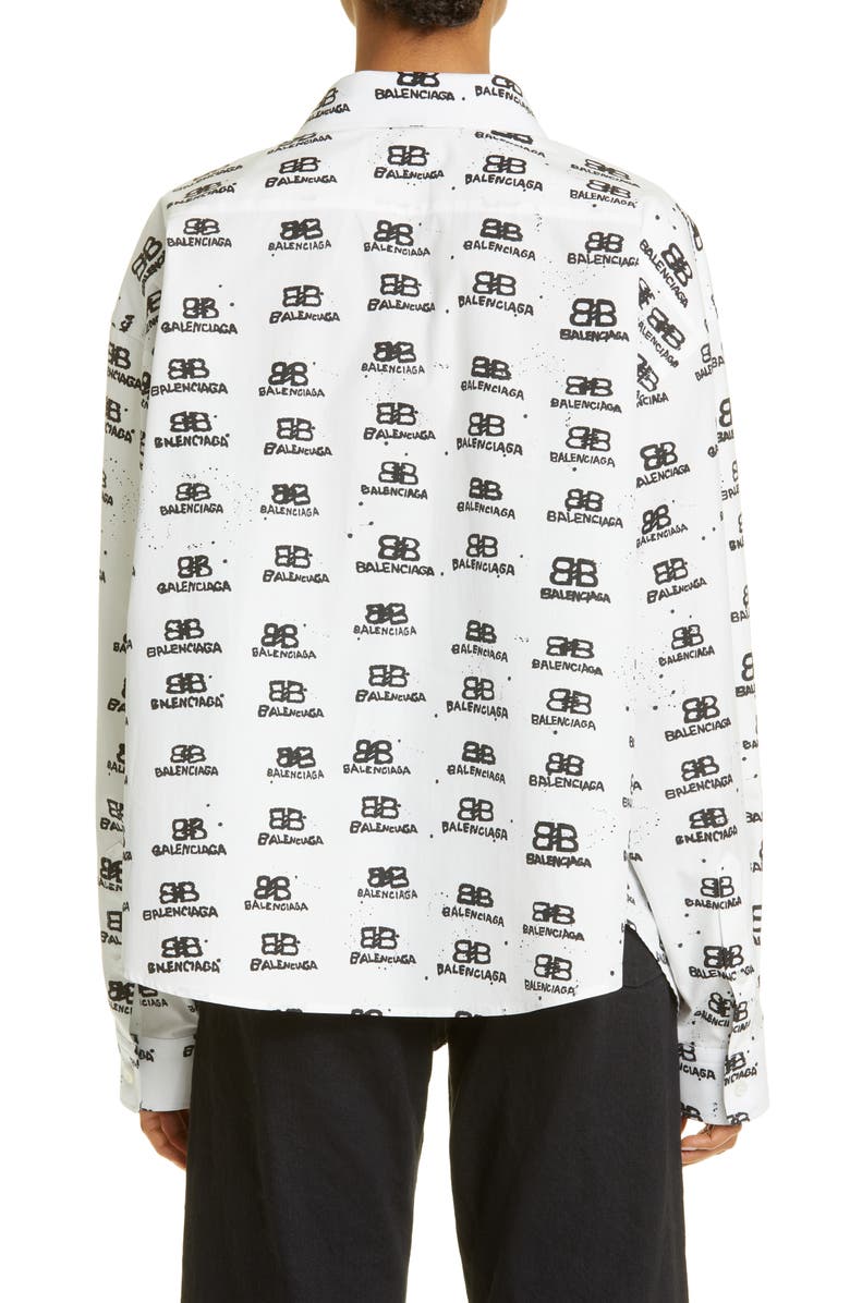 Balenciaga Hand Drawn BB Icon Cotton Poplin Button-Up Shirt, Alternate, color, 