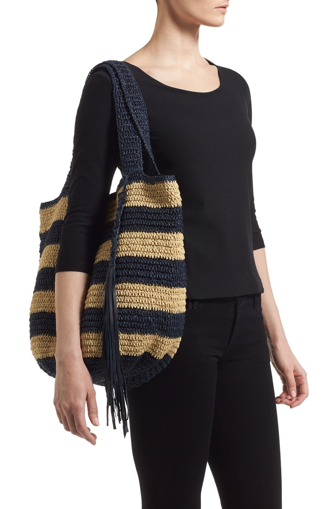 Stripe Crochet Straw Shoulder Bag, Alternate, color, NAVY STRIPE