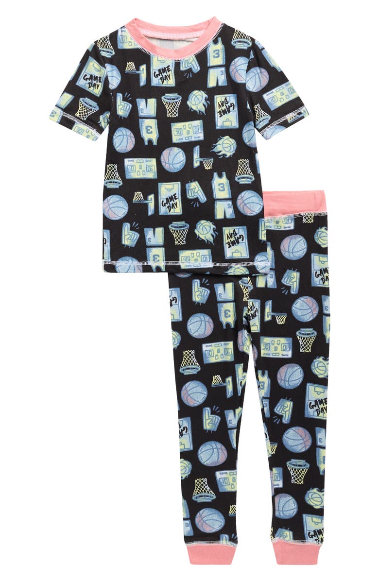 SLEEP ON IT Kids' Game Day Fitted Short Sleeve Two-Piece Pajamas, Main, color, Black