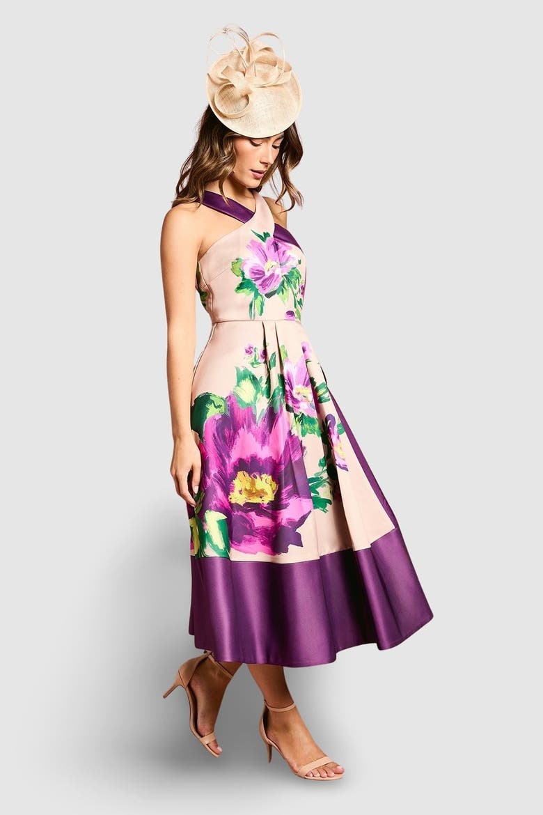 Printed Cross Neck Satin Midi Dress, Alternate, color, Purple
