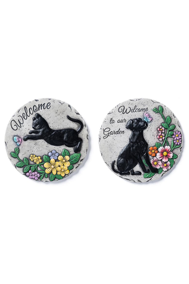 Set of 2 Cement Cat and Dog Textured Stepping Stones, Main, color, Black