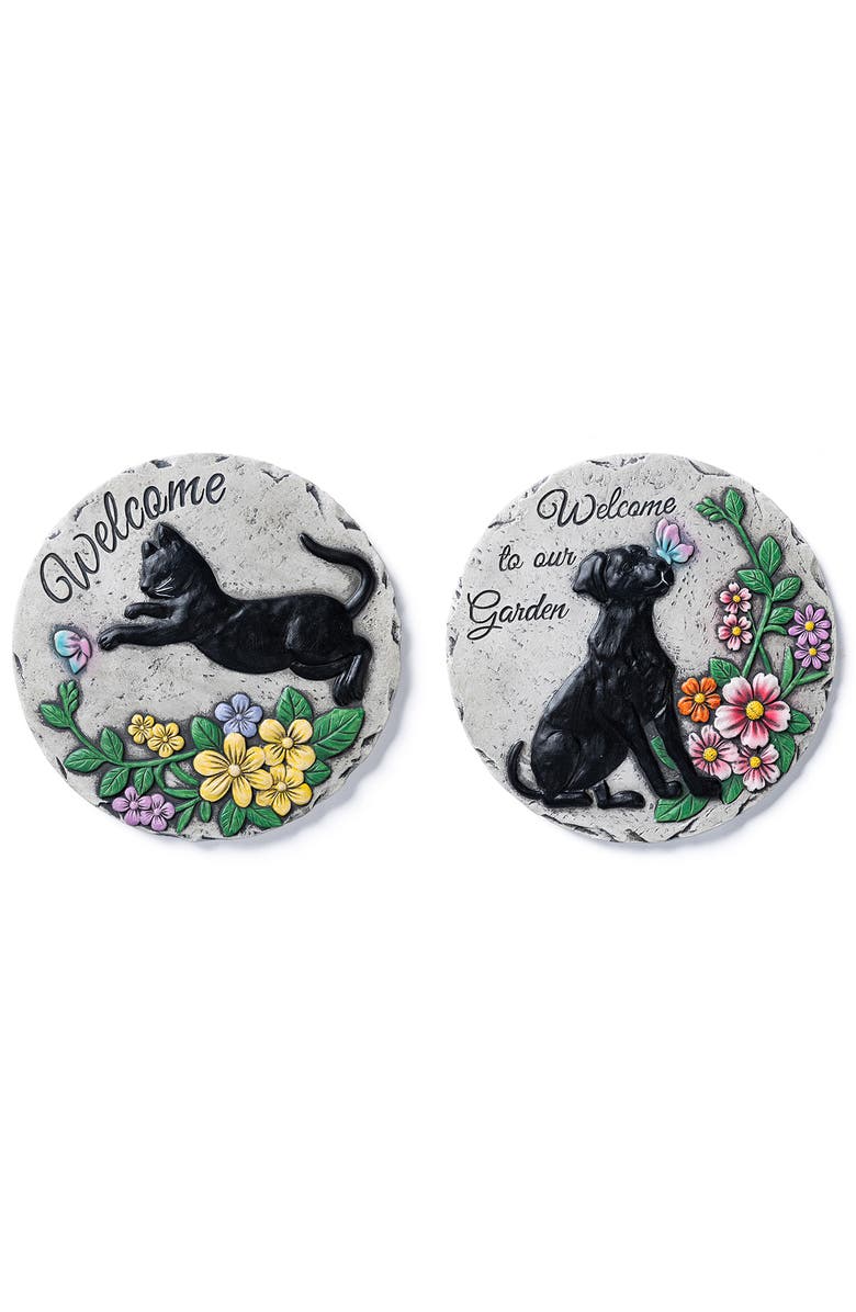 Glitzhome Set of 2 Cement Cat and Dog Textured Stepping Stones, Main, color, Black