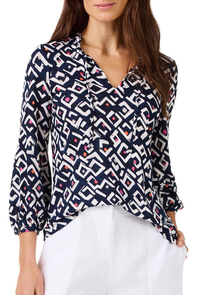Indigo Angles Split Neck Linen Blend Top, Main, color, INDIGO MULTI