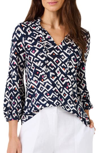 Nic + Zoe Nic+zoe Indigo Angles Split Neck Linen Blend Top In Indigo Multi