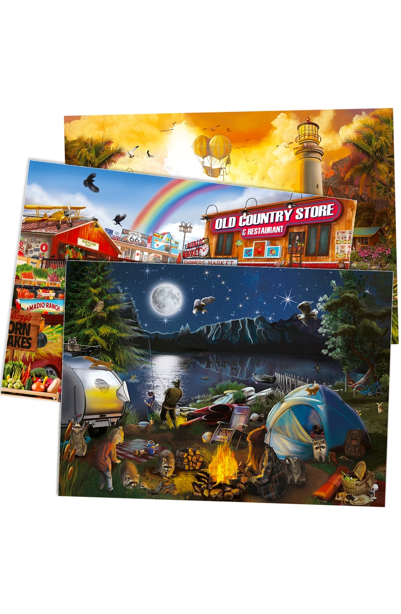 Quokka 1000-Piece Jigsaw Puzzle Collection for Adults - Travel, Animal and Fantasy Themes, Main, color, 3 Set Campfire