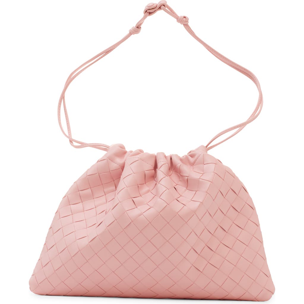 Shop Bottega Veneta Medium Dustbag Intrecciato Leather Shoulder Bag In 6858 Rose-muse Brass