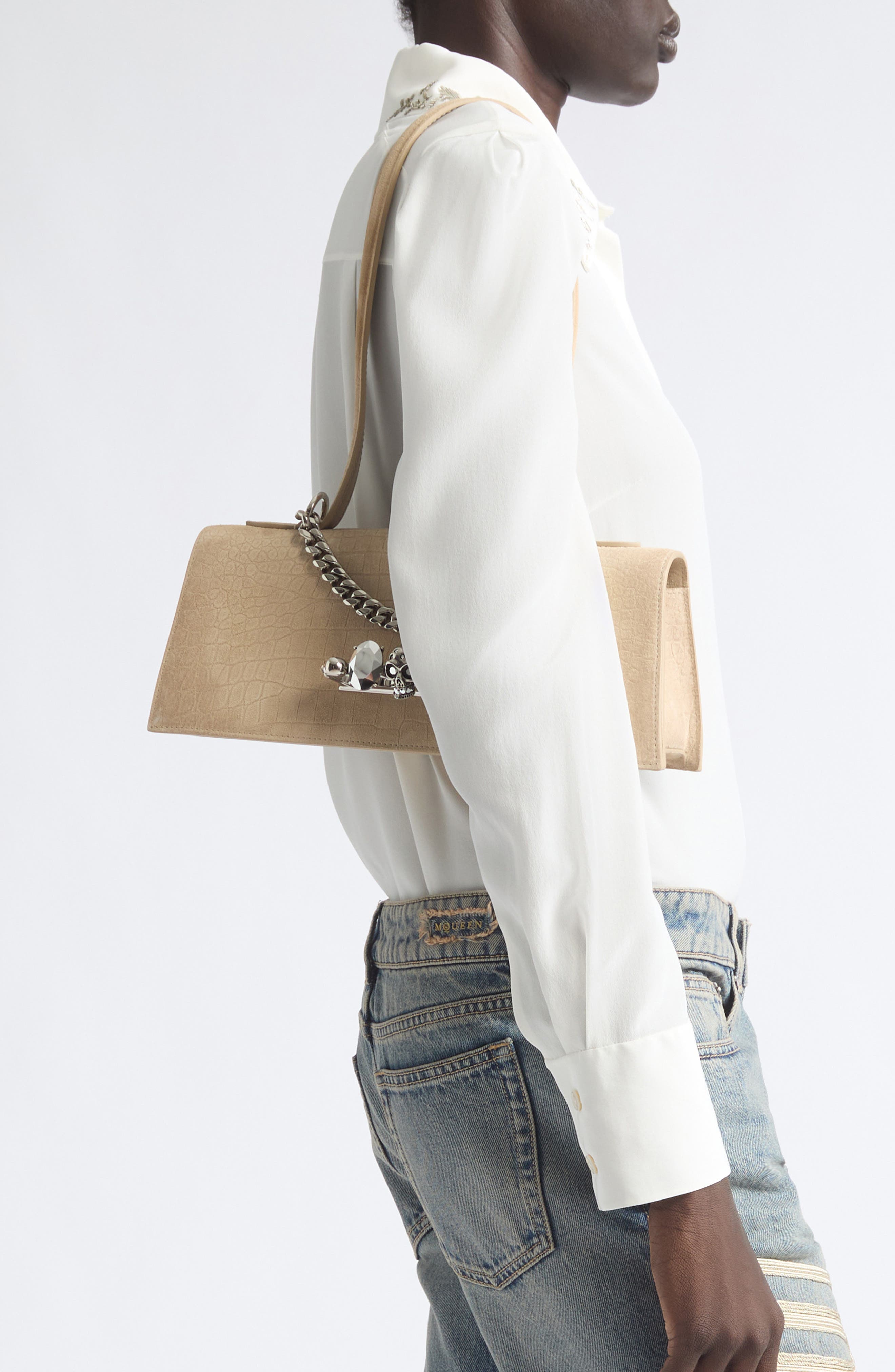 Jeweled Croc Embossed Suede Top Handle Bag, Alternate, color, ZINC