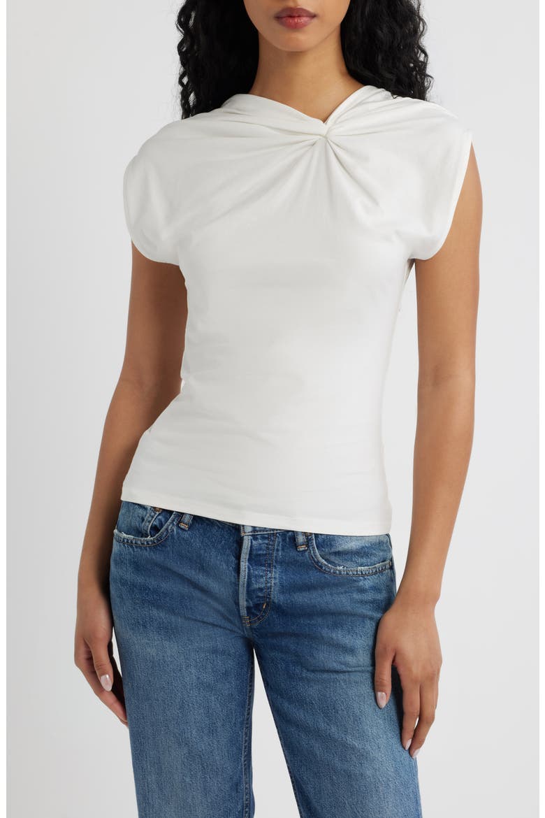 Knot Detail Ruched Stretch Cotton Top, Main, color, WHITE