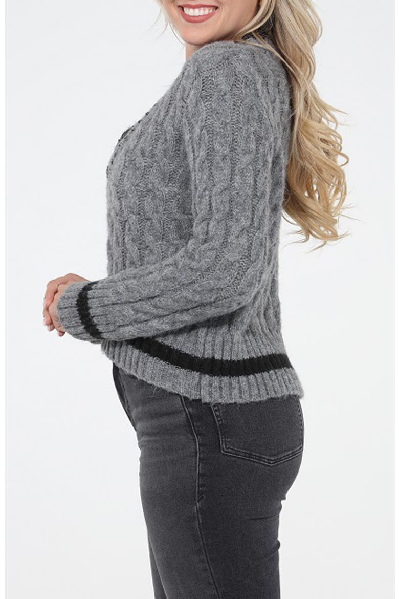 Jewel Embellished Cable V-Neck Sweater, Alternate, color, GREY