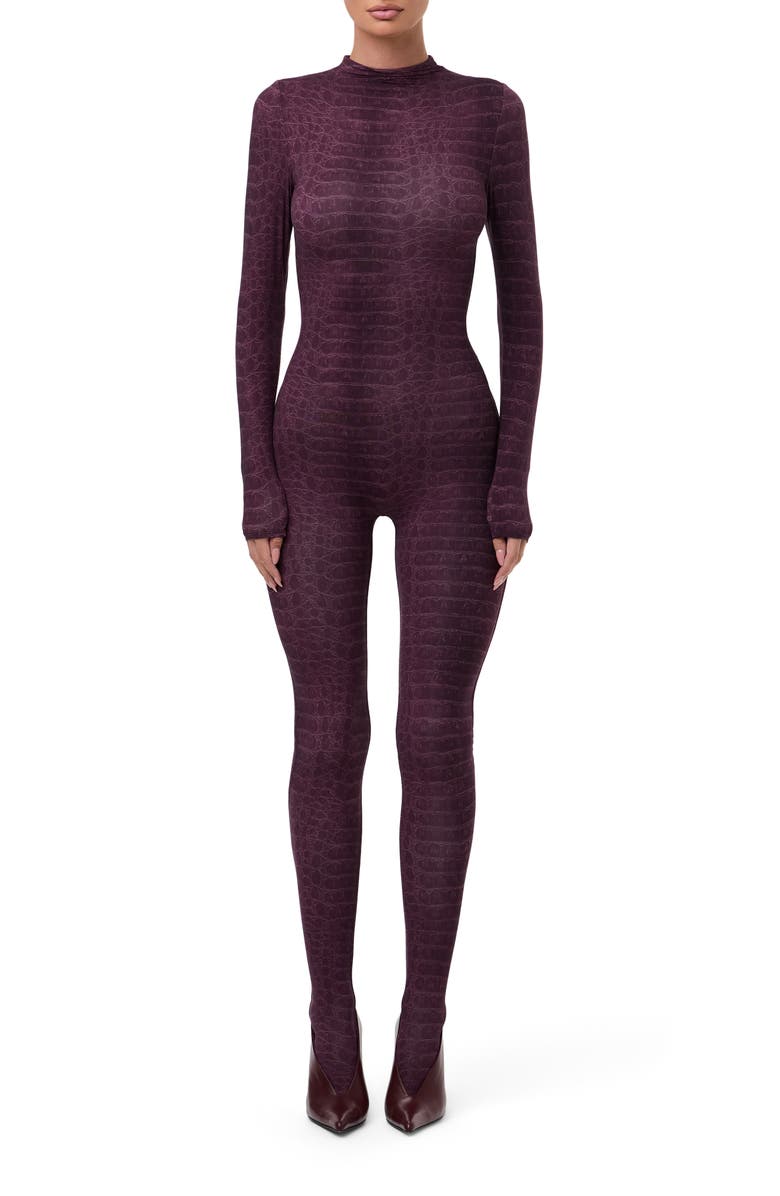 Naked Wardrobe Animal Print Closed Toe Jumpsuit, Main, color, Dark Plum Crocodile